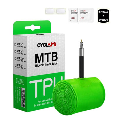 Green TPU mountain bike inner tube roll with Schrader valve and retail packaging