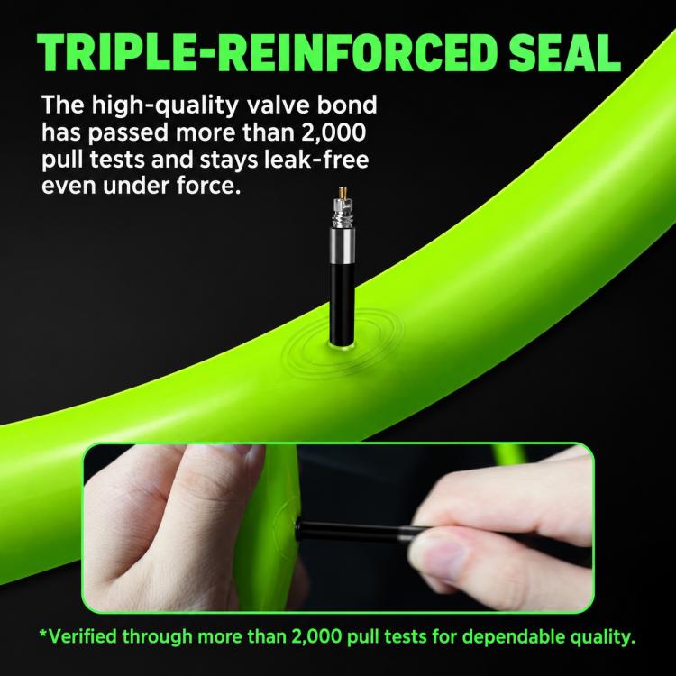 Green TPU inner tube with valve stem, close-up highlighting reinforced seal area