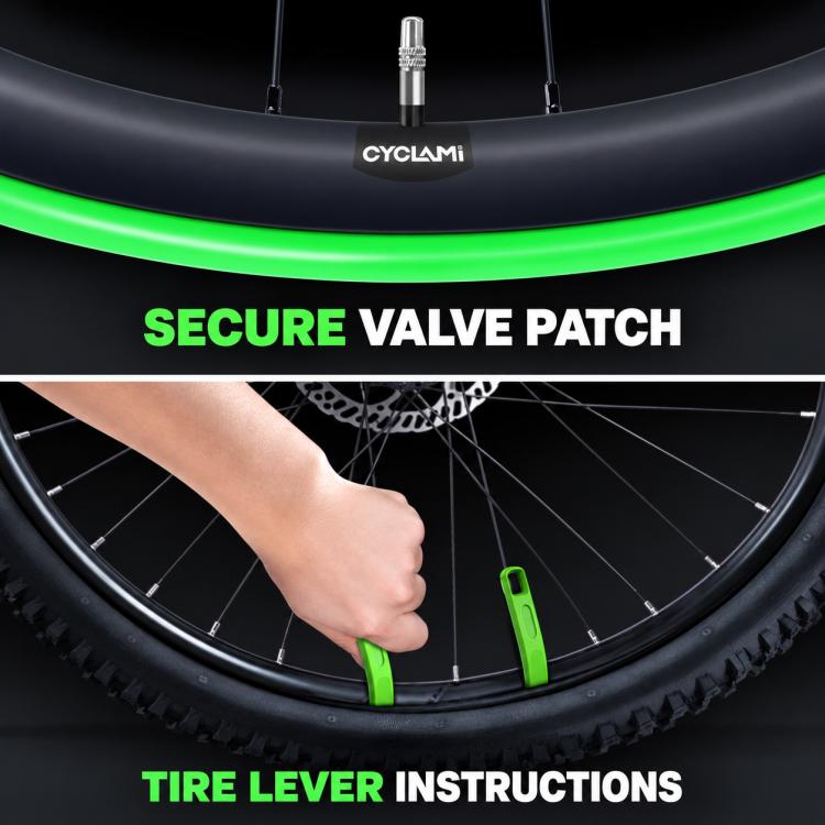 Green tire patch and valve stem area with tire lever near a mountain bike wheel