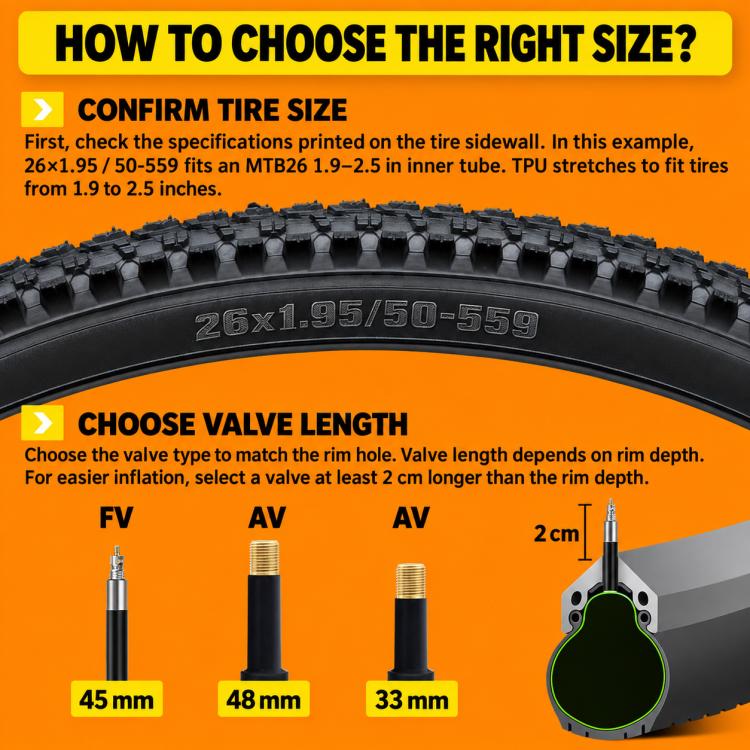 Mountain bike tire size and valve length sizing diagram with inner tube fit notes