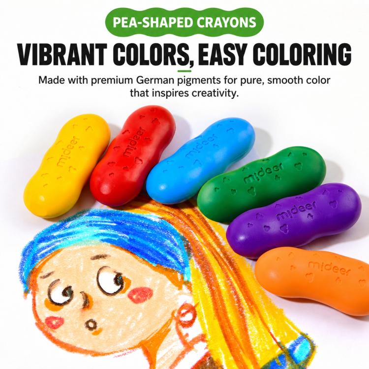 Pea-shaped crayons with vibrant colors, including yellow, red, blue, green, purple, orange