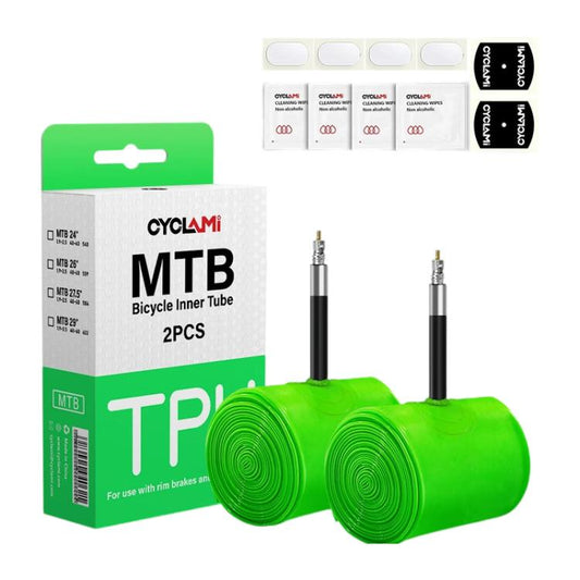 Two bright green TPU bike inner tubes with metal valve stems, shown with retail box
