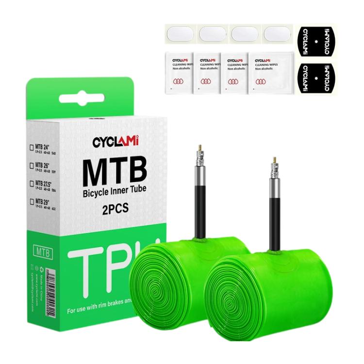 Pair of bright green TPU bike inner tubes with two metal valve stems