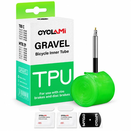 CYCLAMi TPU gravel bicycle inner tube kit with valve, green coiled tube and patches