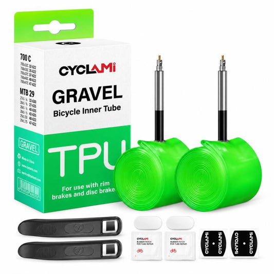 Neon green TPU gravel bike inner tube two-pack with FV valve stems and box