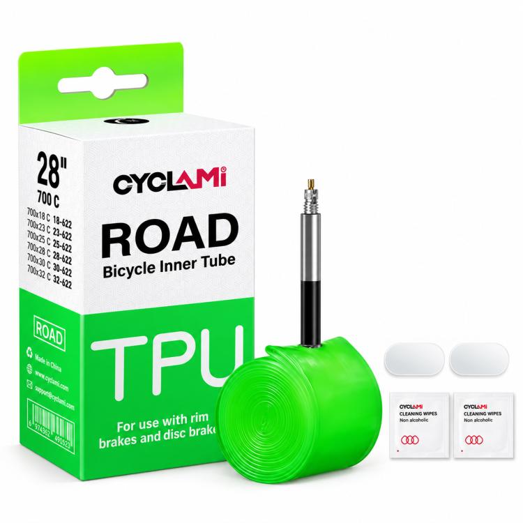CYCLAMi road bicycle TPU inner tube with valve, green coiled tube and retail box