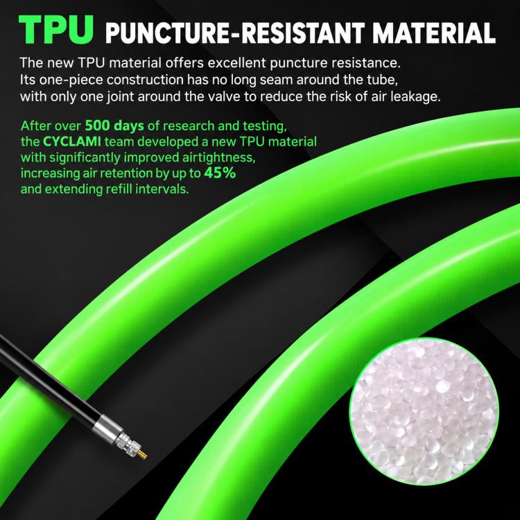 Green CYCLAMi TPU inner tube close-up with valve and puncture-resistant area
