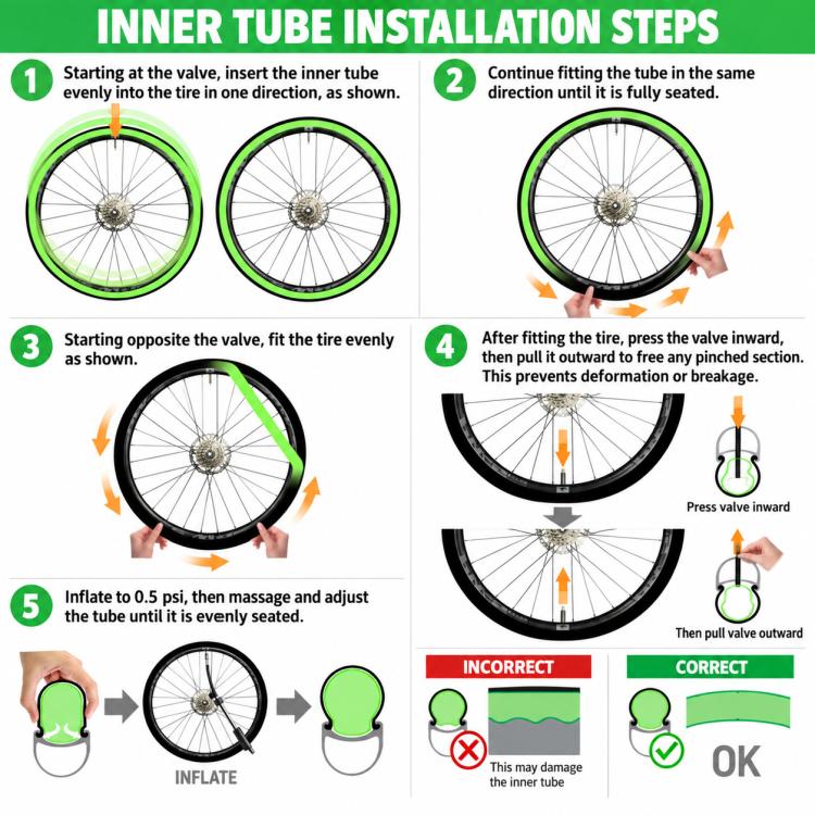 Road bike inner tube installation steps diagram with valve and wheel fit