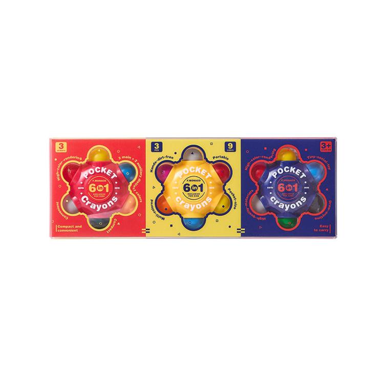 Six-in-one pocket crayons box set, three color-coded packages in a single row