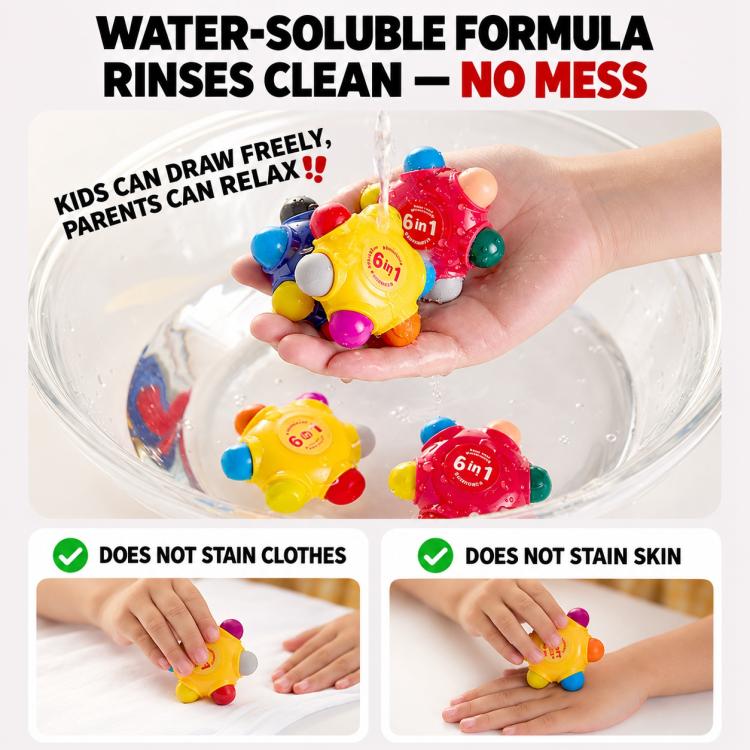 Water-soluble pocket crayons, colorful 6-in-1 crayon figures in a bowl of water
