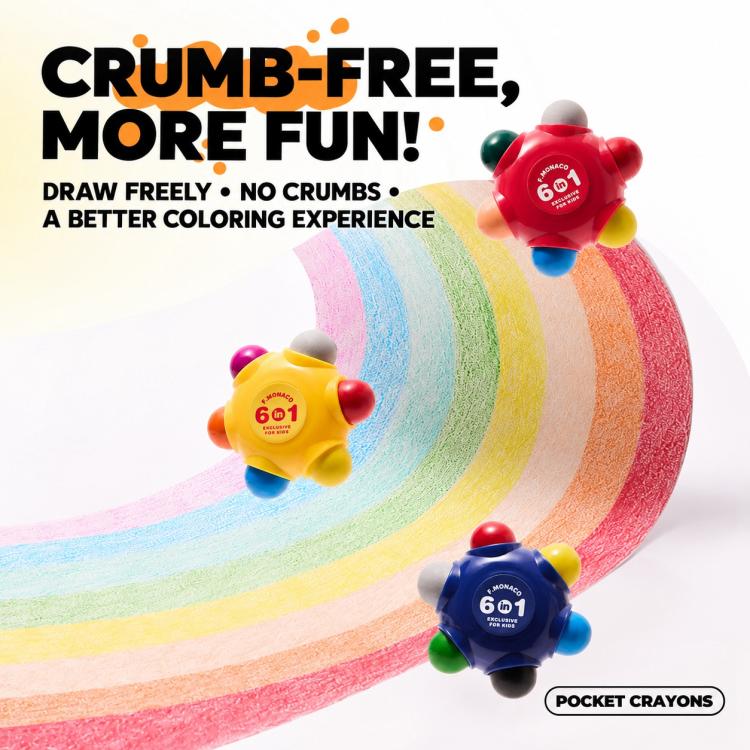 Three flower-shaped pocket crayons in bright colors with rainbow swirl drawing