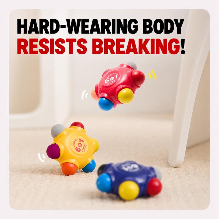 Flower-shaped pocket crayons on the floor with “hard-wearing body” text above