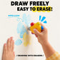 Hand holding flower-shaped pocket crayon over wipe-clean eraser-style scribbles
