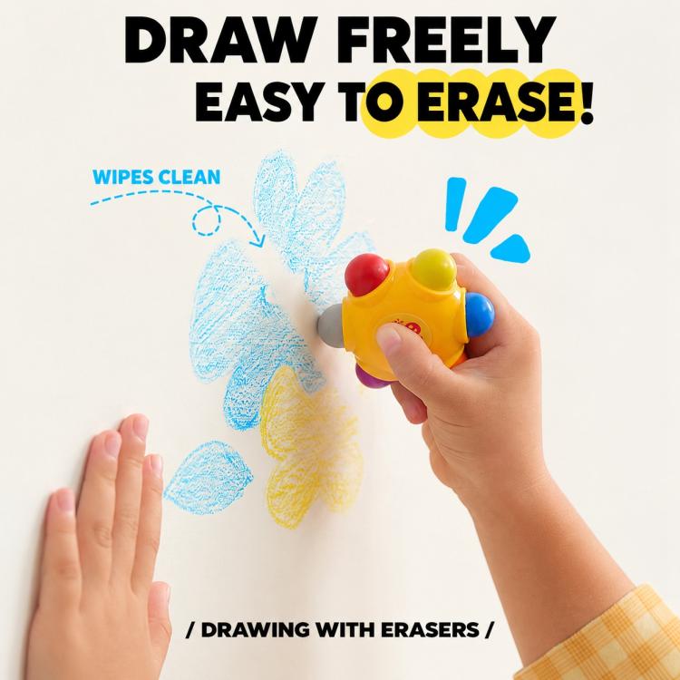Hand holding flower-shaped pocket crayon over wipe-clean eraser-style scribbles