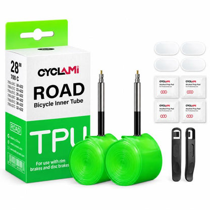 Green TPU road bike inner tubes (pair) with Presta valves and retail box