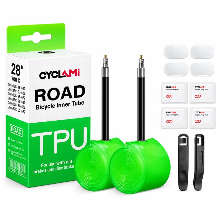 Green TPU road bicycle inner tubes (pair) with Presta valves and retail box