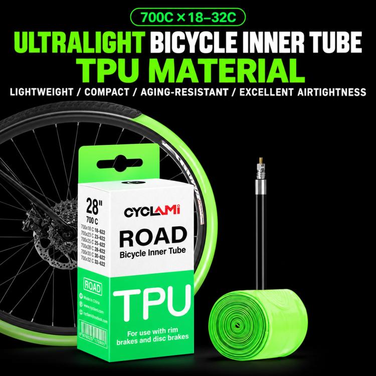 Green TPU bicycle inner tube with Presta valve, shown with retail box
