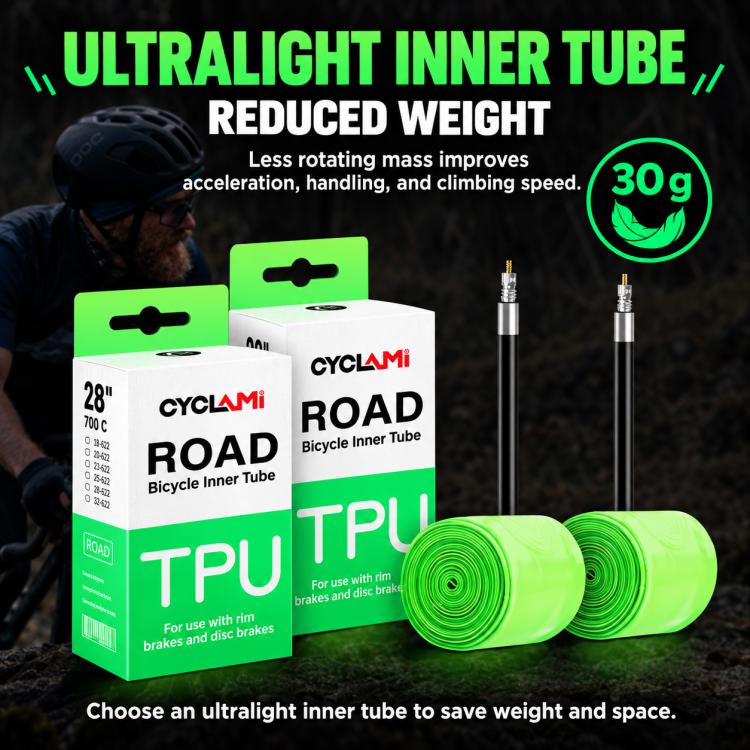 Two green TPU road bike inner tubes and retail boxes with Presta valves