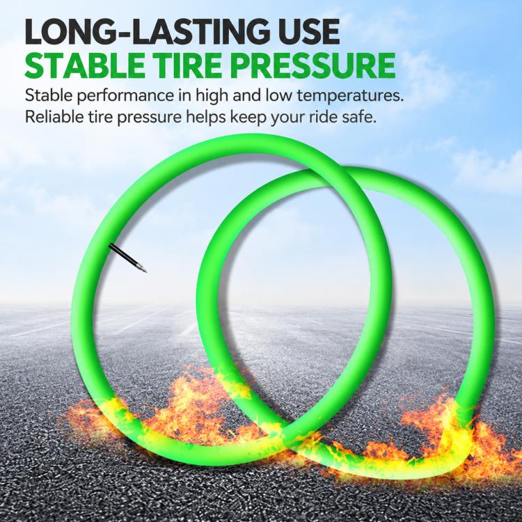Green road bike inner tube ring with Presta valve, shown for pressure stability