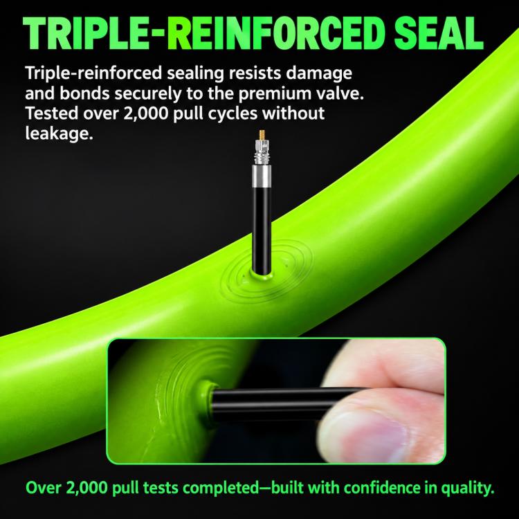 Green TPU inner tube with Presta valve and close-up of reinforced seal area