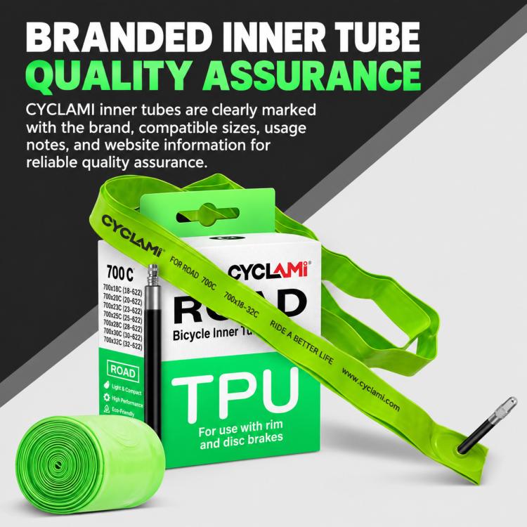 Green TPU bicycle inner tube with retail box and marked Presta valve end