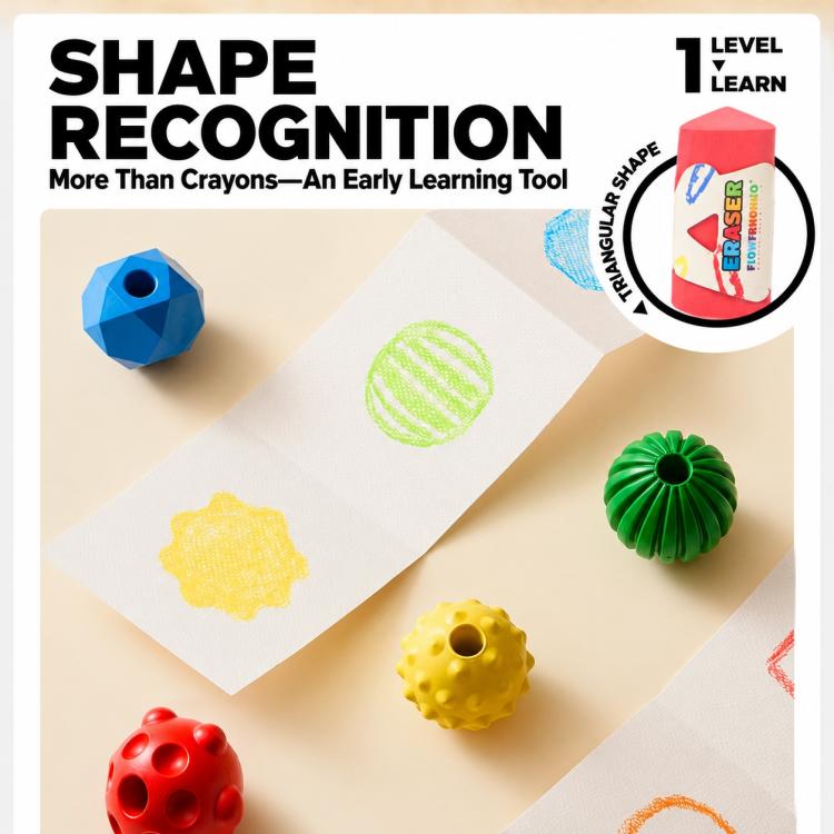 Shape-learning tactile crayons on paper: blue ring, green striped, yellow and red ball shapes
