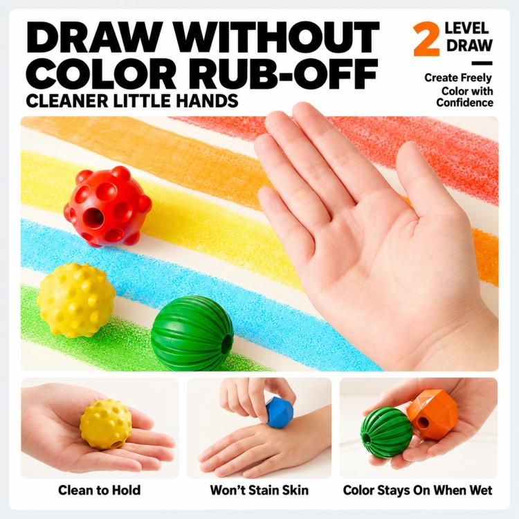 Child's hand drawing on rainbow stripes with tactile crayons in red, yellow, green, and blue