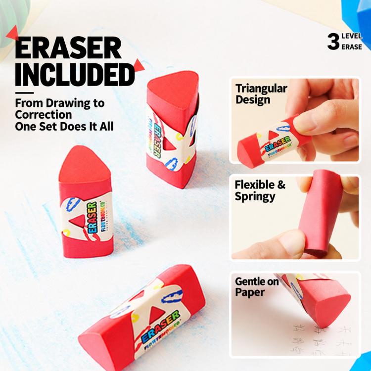 Eraser included with red triangular eraser and tactile crayon packaging for drawing