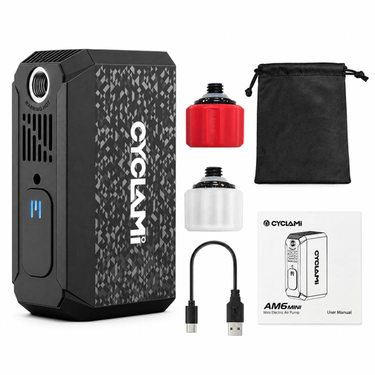 Black portable electric bicycle inflator pump with accessories and storage bag.