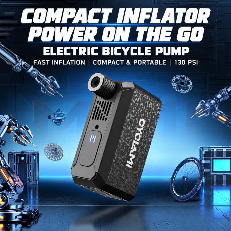 Compact electric bicycle inflator pump with black and gray body.