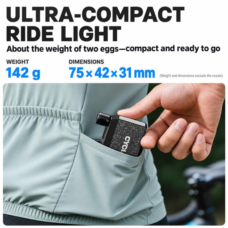 Compact electric inflator pump inserted into jacket pocket, shown with hand.