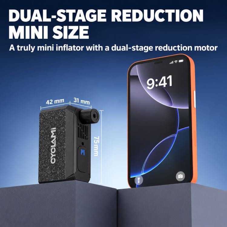 Mini electric bicycle inflator pump shown with compact size dimensions.