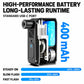 Portable electric inflator pump with visible USB-C battery compartment cutaway.