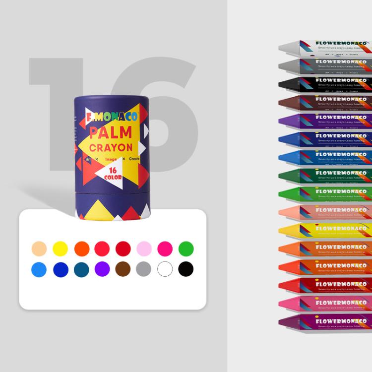 Children’s palm crayons set, blue tube with 16 color options and colored swatches