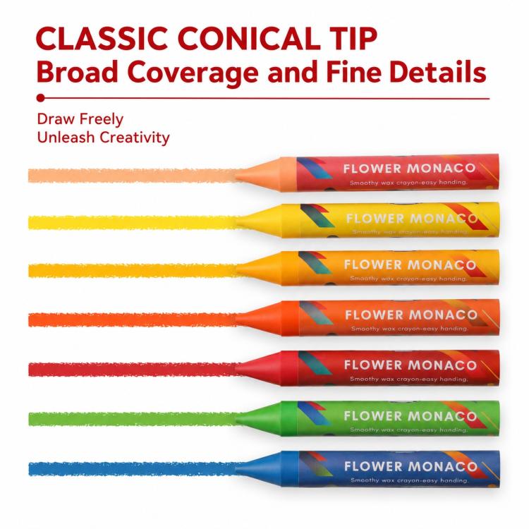 Classic conical tip palm crayons, colorful row showing broad coverage and fine details