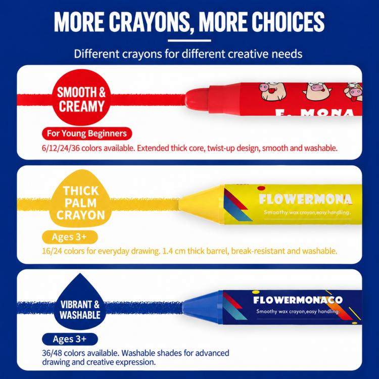Palm crayon set packaging with smooth creamy crayons and multiple color options