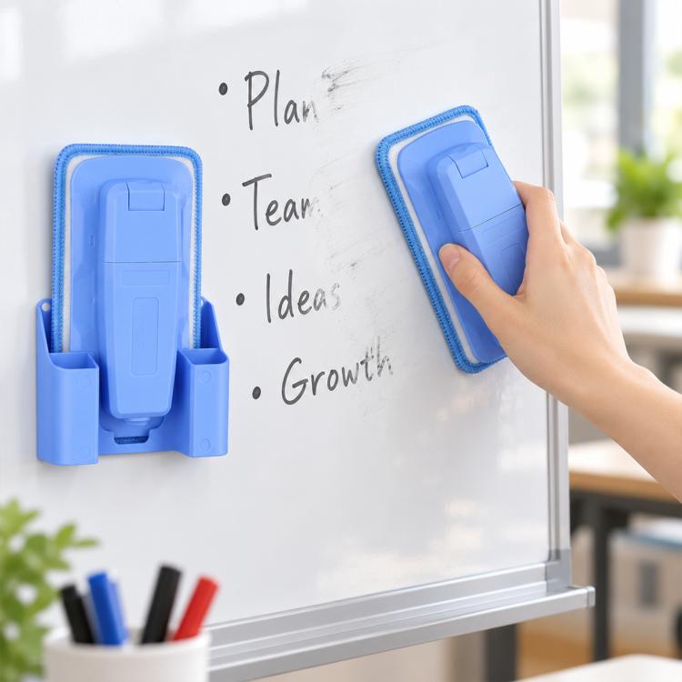 Blue magnetic spray board eraser with detachable washable pad, hand holding to erase writing