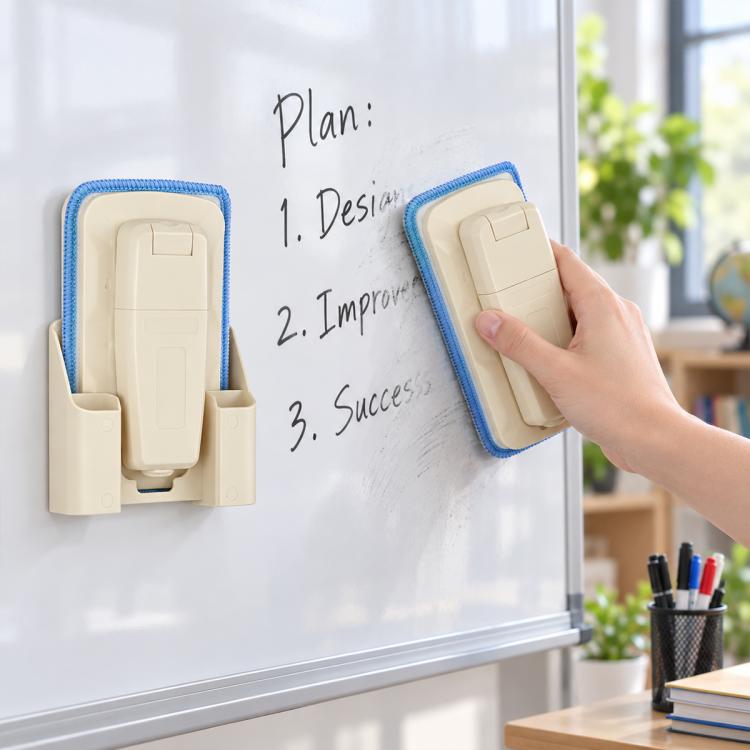 Beige magnetic spray board eraser with detachable washable pad, attached to board surface
