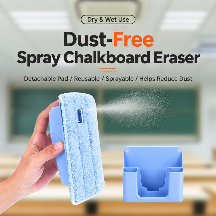 Blue dust-free spray chalkboard eraser with removable microfiber pad and open storage holder