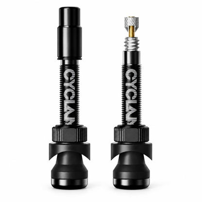Pair of black Presta tubeless valve extenders with aluminum stems and rubber bases