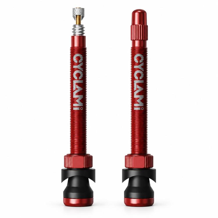 Pair of red Presta tubeless valve extenders with long aluminum stems and rubber bases