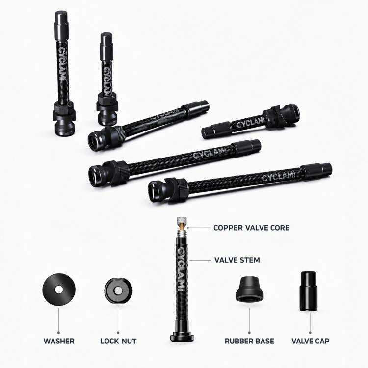 Tubeless Presta valve extender set with cap, washer, lock nut, rubber base, valve stem