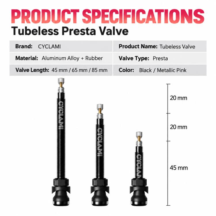 Tubeless Presta valve product specs: aluminum stem, rubber base, 45/65/85 mm lengths