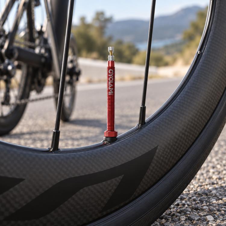 Red Presta tubeless valve extender on bicycle wheel rim, aluminum, 45–85mm