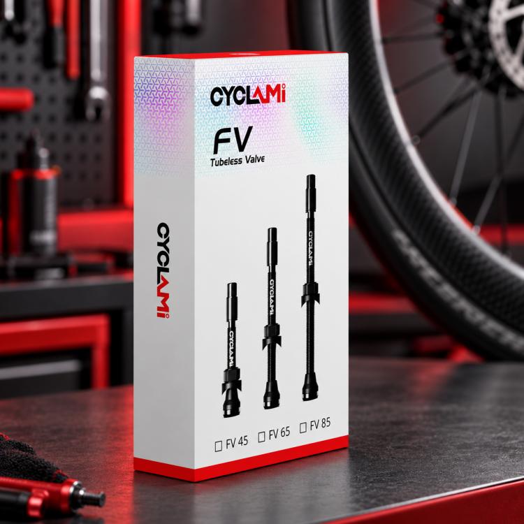 CYCLAMi FV tubeless valve extender box, showing 45mm, 65mm, and 85mm options