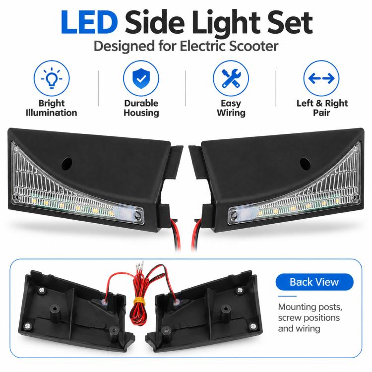 Black LED side light set for electric scooter, two units with clear lenses