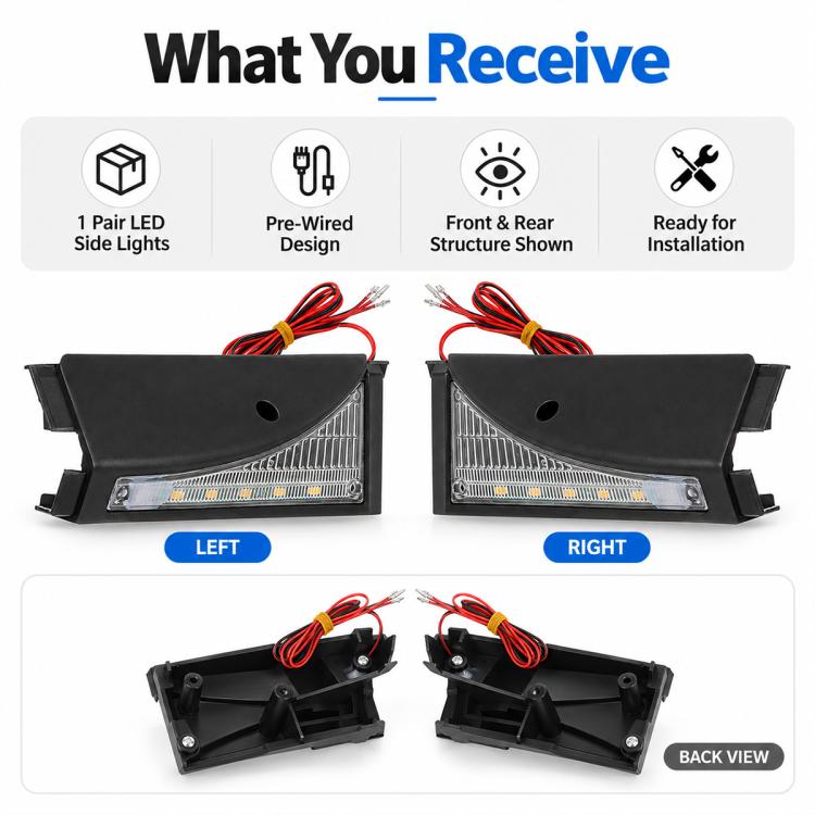 Left and right black LED side lights with clear strip lens and red wire harness