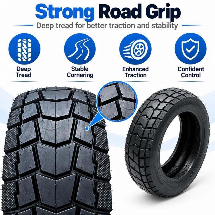 Black off-road tubeless scooter tire with deep tread blocks and strong grip