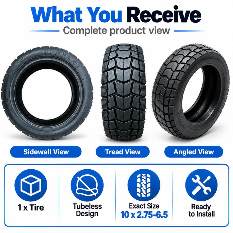 Tubeless scooter tire shown in side, tread, and angled views