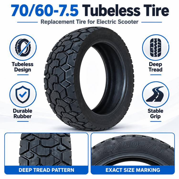 Black 70/60-7.5 tubeless scooter tire with deep tread pattern